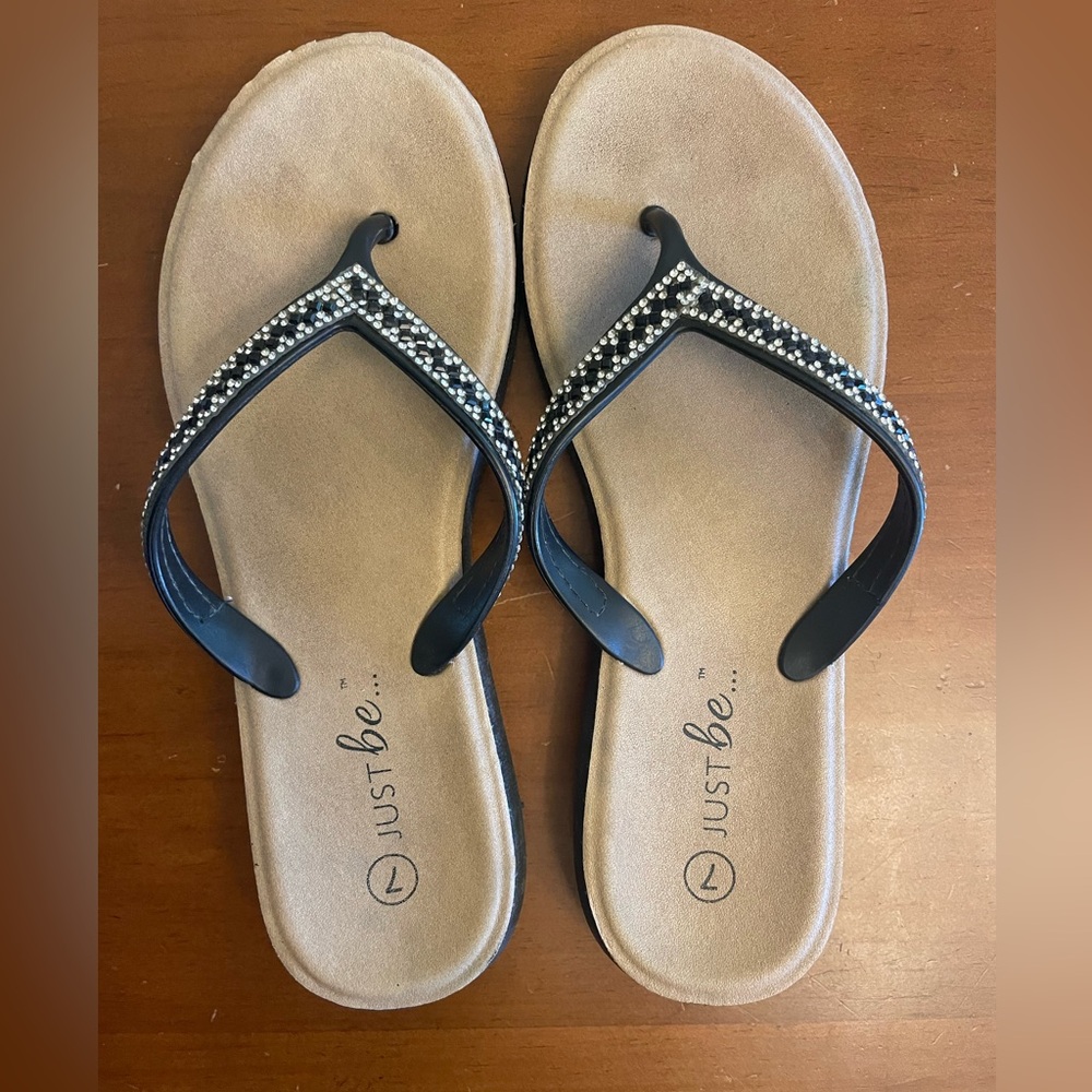 Just be Black Rhinestone T-Strap Sandals